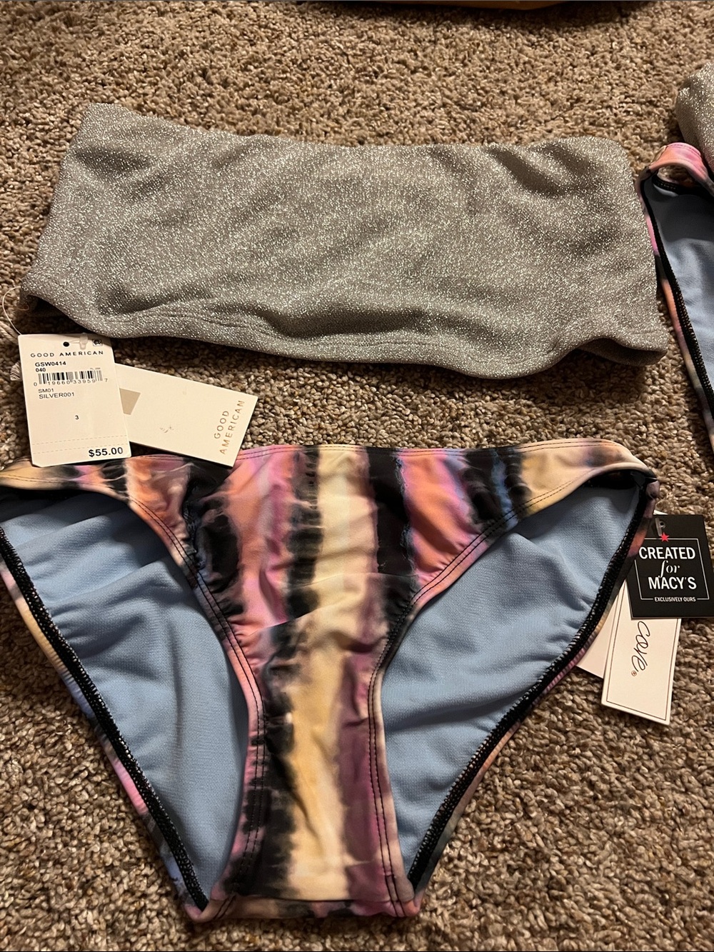 Good American Silver Shimmer Bandeau with Multicolor Tie-Dye Bikini Bottoms